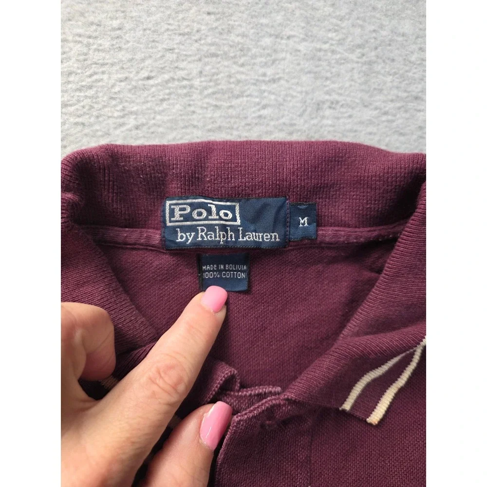 Polo Ralph Lauren Mens Burgundy‎ Cotton Pique Polo Shirt Tipped Collar Medium